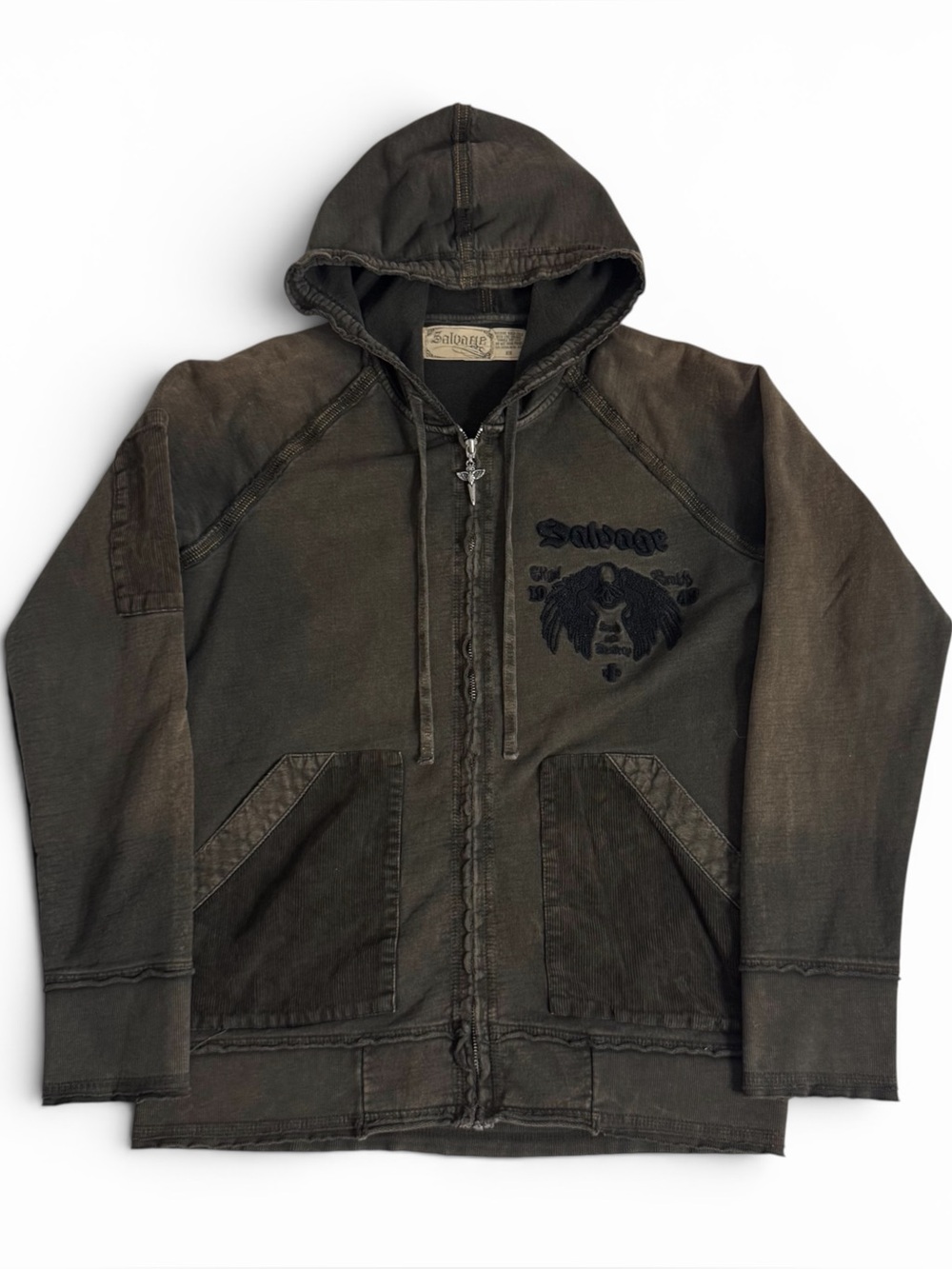 Y2K Salvage Brownish Green Vultures Embroidered Grunge Zip Up Hoodie (Men’s L)